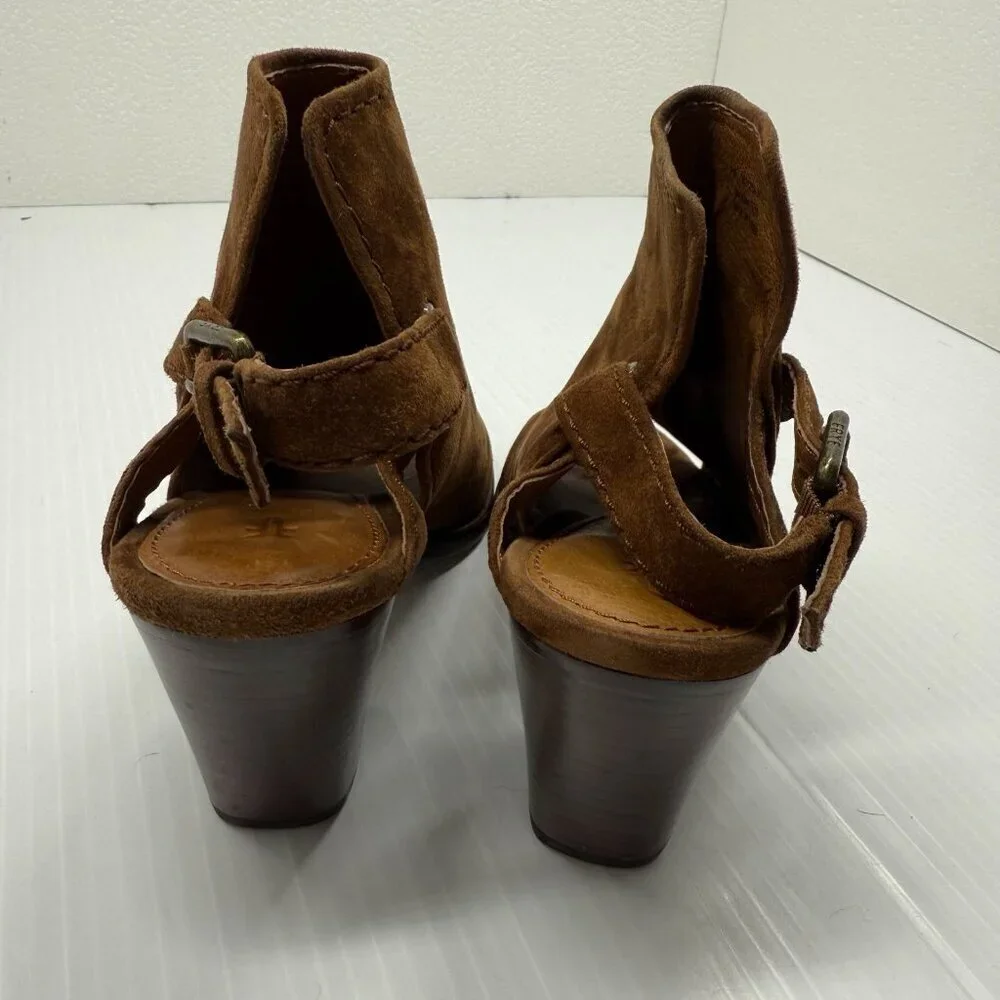 Frye Dani Shield Sling Wood Suede Open Toe Block Heel Booties 6M